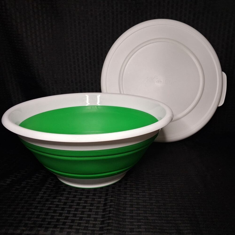 PAMPERED CHEF Collapsible Serving Bowl w/ Lid 8 Qt. Green & White 14" Wide